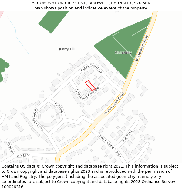 5, CORONATION CRESCENT, BIRDWELL, BARNSLEY, S70 5RN: Location map and indicative extent of plot