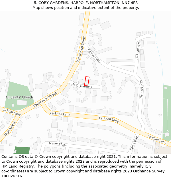 5, CORY GARDENS, HARPOLE, NORTHAMPTON, NN7 4ES: Location map and indicative extent of plot