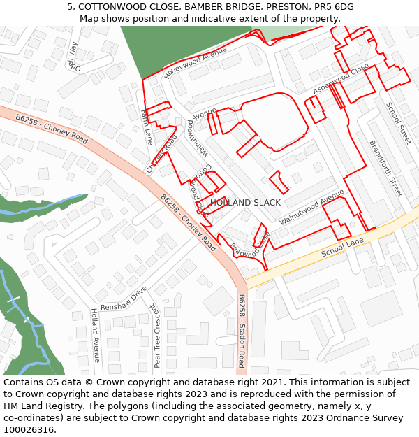 5, COTTONWOOD CLOSE, BAMBER BRIDGE, PRESTON, PR5 6DG: Location map and indicative extent of plot