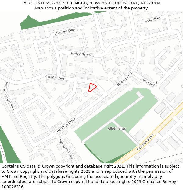 5, COUNTESS WAY, SHIREMOOR, NEWCASTLE UPON TYNE, NE27 0FN: Location map and indicative extent of plot