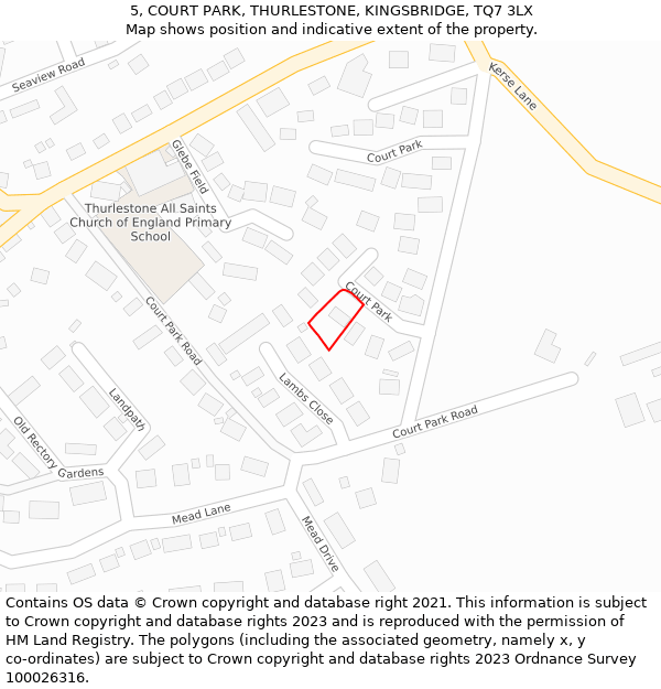 5, COURT PARK, THURLESTONE, KINGSBRIDGE, TQ7 3LX: Location map and indicative extent of plot