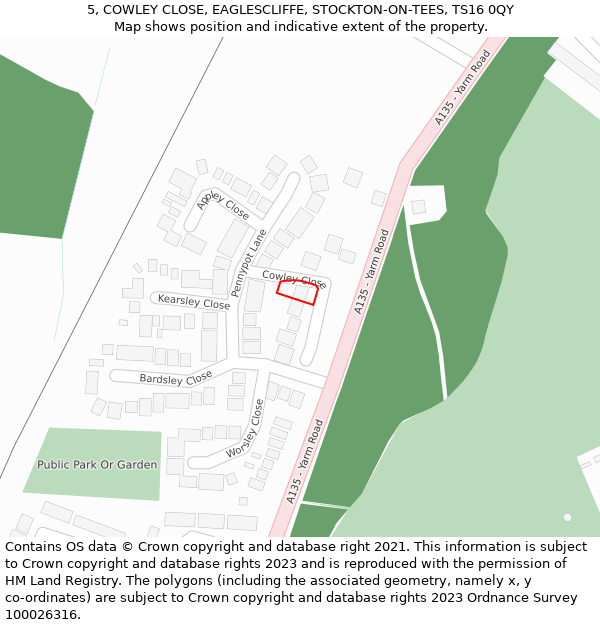 5, COWLEY CLOSE, EAGLESCLIFFE, STOCKTON-ON-TEES, TS16 0QY: Location map and indicative extent of plot