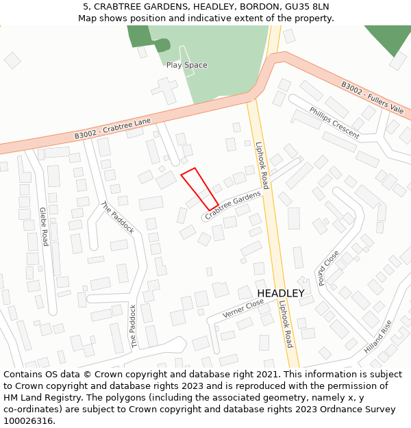 5, CRABTREE GARDENS, HEADLEY, BORDON, GU35 8LN: Location map and indicative extent of plot