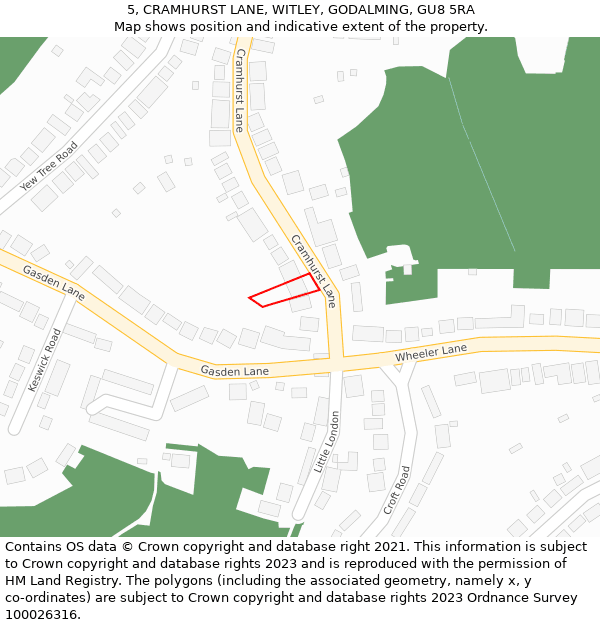 5, CRAMHURST LANE, WITLEY, GODALMING, GU8 5RA: Location map and indicative extent of plot