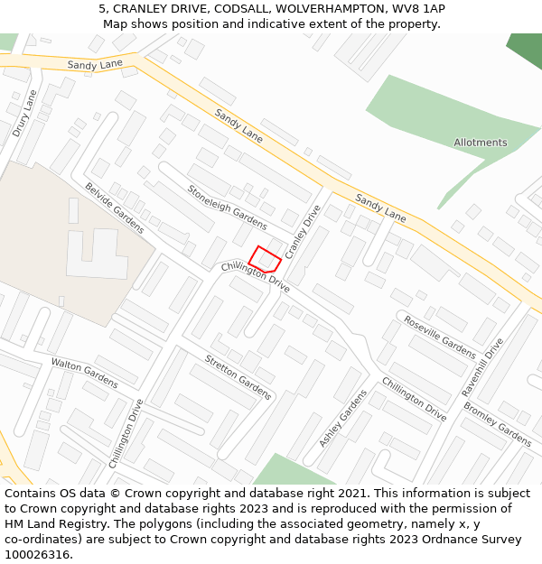 5, CRANLEY DRIVE, CODSALL, WOLVERHAMPTON, WV8 1AP: Location map and indicative extent of plot