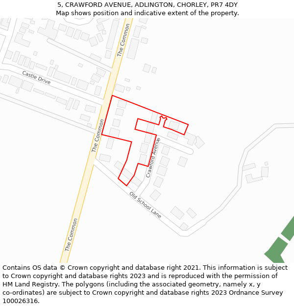5, CRAWFORD AVENUE, ADLINGTON, CHORLEY, PR7 4DY: Location map and indicative extent of plot