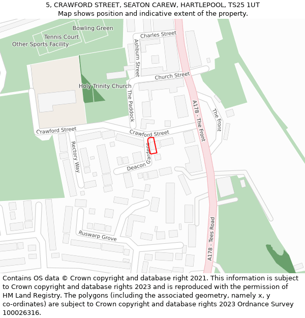 5, CRAWFORD STREET, SEATON CAREW, HARTLEPOOL, TS25 1UT: Location map and indicative extent of plot