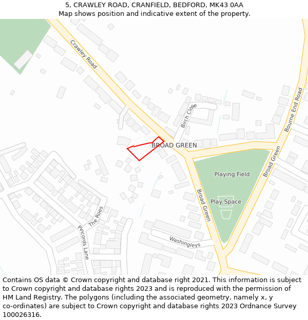 5, CRAWLEY ROAD, CRANFIELD, BEDFORD, MK43 0AA: Location map and indicative extent of plot