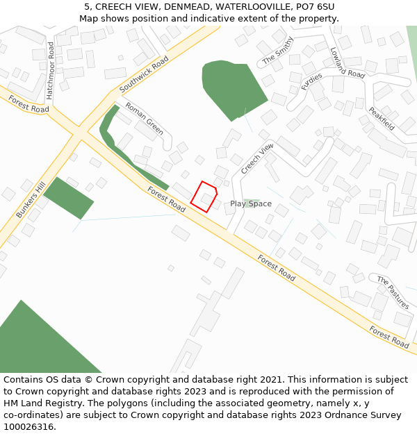 5, CREECH VIEW, DENMEAD, WATERLOOVILLE, PO7 6SU: Location map and indicative extent of plot