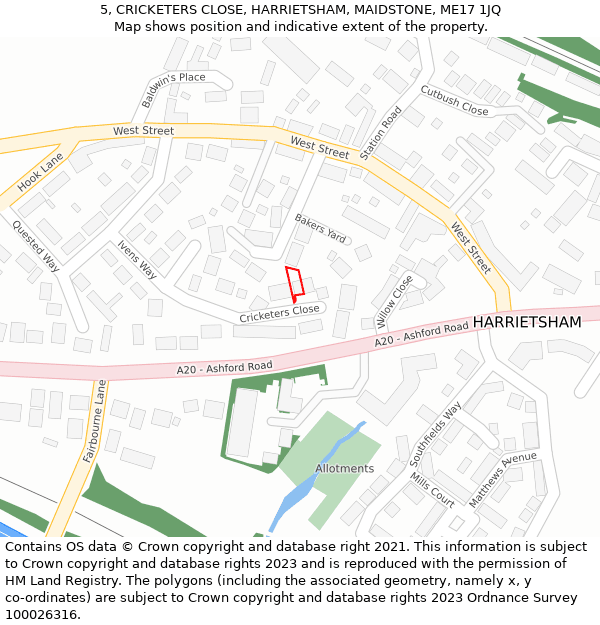 5, CRICKETERS CLOSE, HARRIETSHAM, MAIDSTONE, ME17 1JQ: Location map and indicative extent of plot