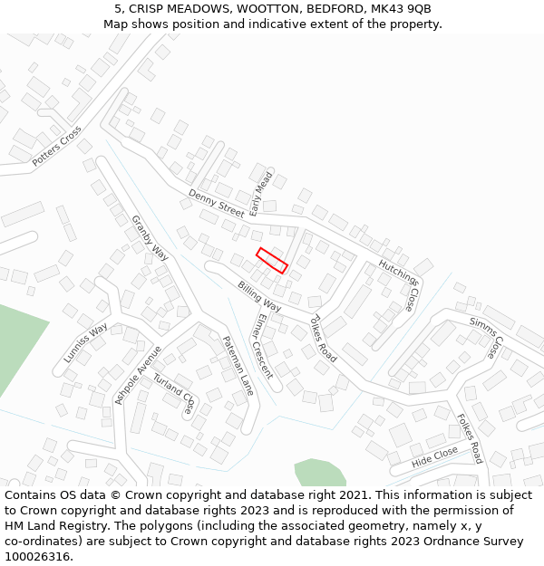 5, CRISP MEADOWS, WOOTTON, BEDFORD, MK43 9QB: Location map and indicative extent of plot