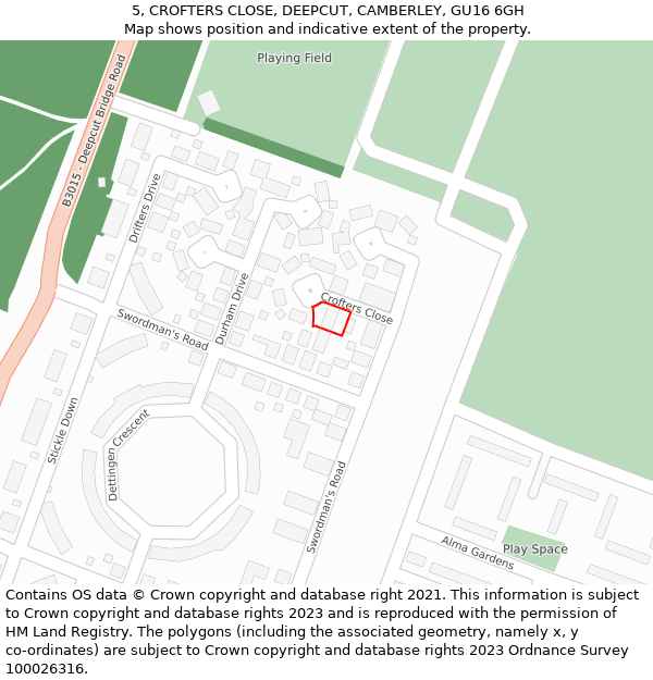 5, CROFTERS CLOSE, DEEPCUT, CAMBERLEY, GU16 6GH: Location map and indicative extent of plot