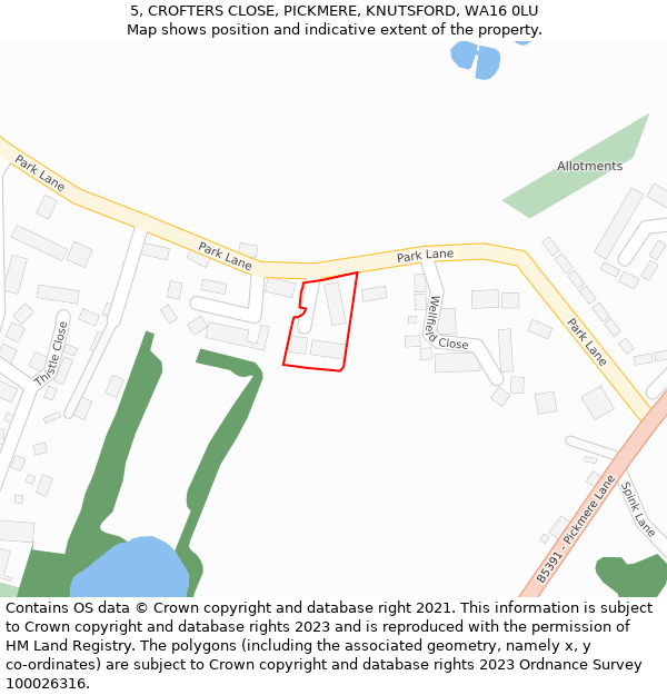 5, CROFTERS CLOSE, PICKMERE, KNUTSFORD, WA16 0LU: Location map and indicative extent of plot