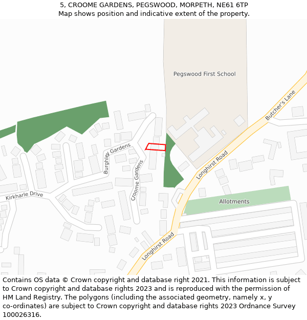 5, CROOME GARDENS, PEGSWOOD, MORPETH, NE61 6TP: Location map and indicative extent of plot