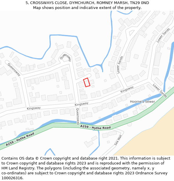 5, CROSSWAYS CLOSE, DYMCHURCH, ROMNEY MARSH, TN29 0ND: Location map and indicative extent of plot