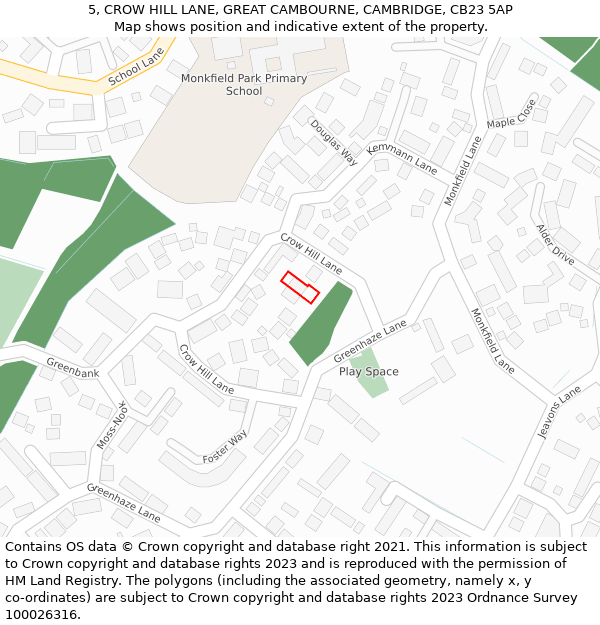 5, CROW HILL LANE, GREAT CAMBOURNE, CAMBRIDGE, CB23 5AP: Location map and indicative extent of plot