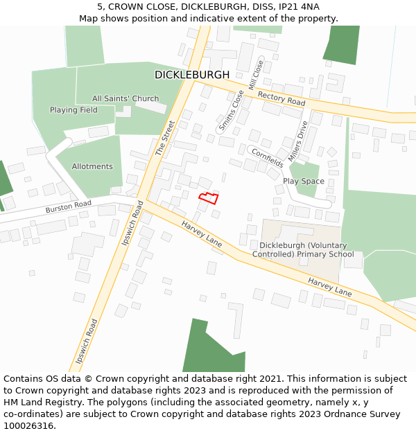 5, CROWN CLOSE, DICKLEBURGH, DISS, IP21 4NA: Location map and indicative extent of plot