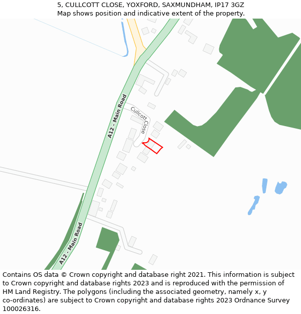 5, CULLCOTT CLOSE, YOXFORD, SAXMUNDHAM, IP17 3GZ: Location map and indicative extent of plot