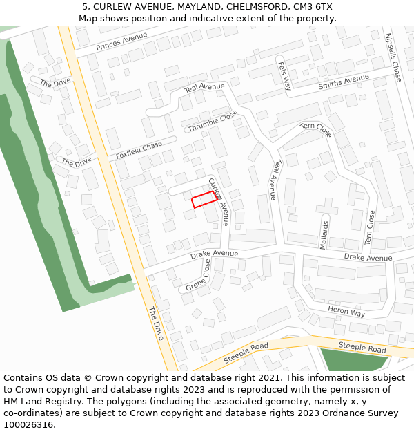 5, CURLEW AVENUE, MAYLAND, CHELMSFORD, CM3 6TX: Location map and indicative extent of plot