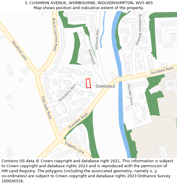 5, CUSHMAN AVENUE, WOMBOURNE, WOLVERHAMPTON, WV5 8ES: Location map and indicative extent of plot