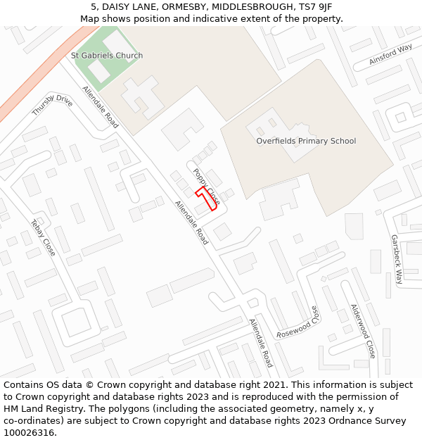 5, DAISY LANE, ORMESBY, MIDDLESBROUGH, TS7 9JF: Location map and indicative extent of plot