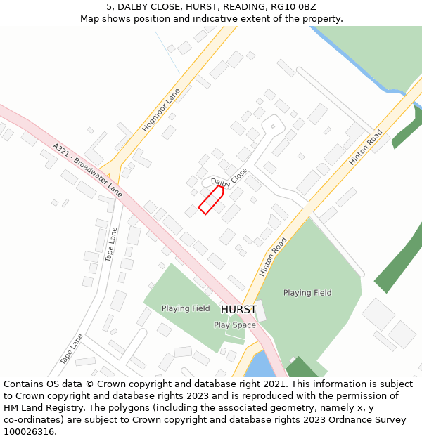 5, DALBY CLOSE, HURST, READING, RG10 0BZ: Location map and indicative extent of plot