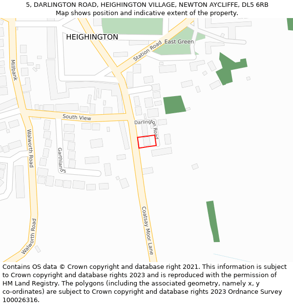 5, DARLINGTON ROAD, HEIGHINGTON VILLAGE, NEWTON AYCLIFFE, DL5 6RB: Location map and indicative extent of plot