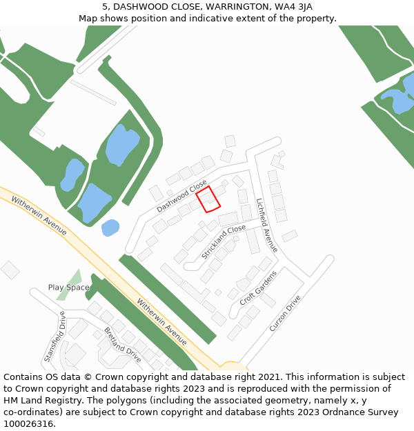 5, DASHWOOD CLOSE, WARRINGTON, WA4 3JA: Location map and indicative extent of plot