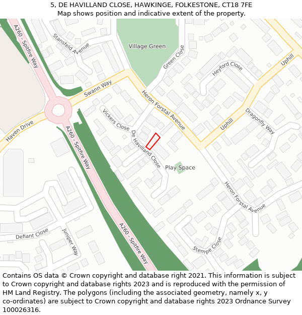 5, DE HAVILLAND CLOSE, HAWKINGE, FOLKESTONE, CT18 7FE: Location map and indicative extent of plot