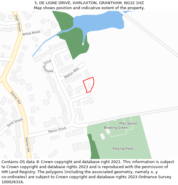 5, DE LIGNE DRIVE, HARLAXTON, GRANTHAM, NG32 1HZ: Location map and indicative extent of plot