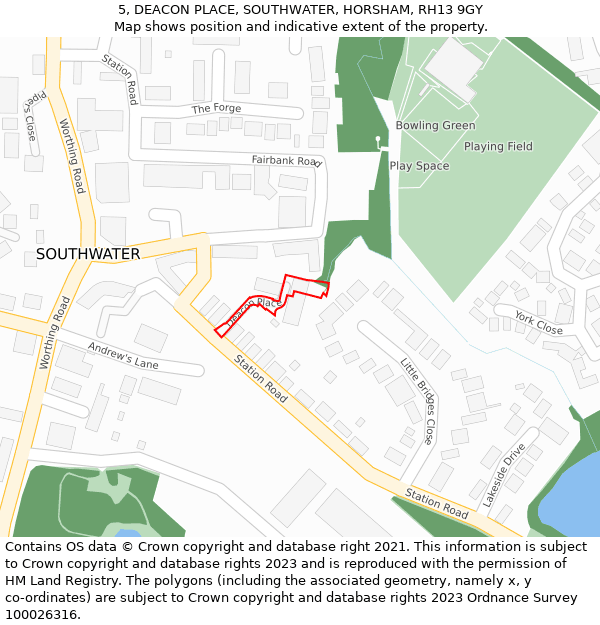 5, DEACON PLACE, SOUTHWATER, HORSHAM, RH13 9GY: Location map and indicative extent of plot