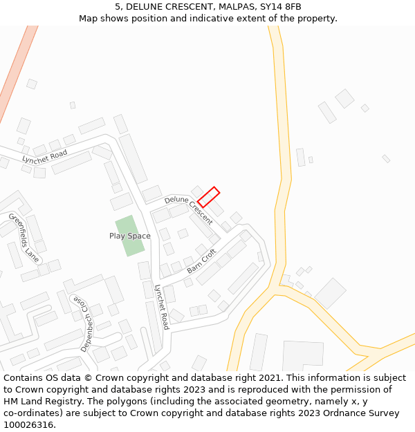 5, DELUNE CRESCENT, MALPAS, SY14 8FB: Location map and indicative extent of plot