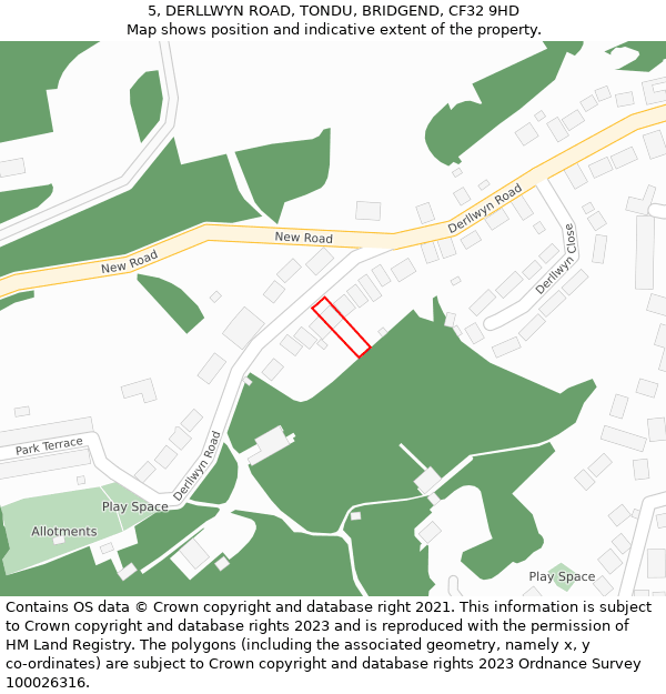 5, DERLLWYN ROAD, TONDU, BRIDGEND, CF32 9HD: Location map and indicative extent of plot