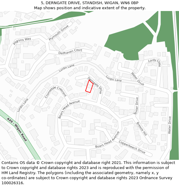 5, DERNGATE DRIVE, STANDISH, WIGAN, WN6 0BP: Location map and indicative extent of plot
