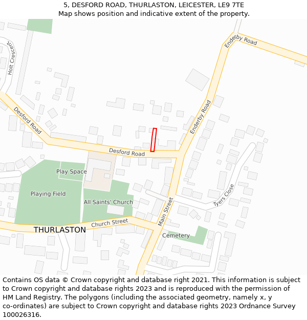 5, DESFORD ROAD, THURLASTON, LEICESTER, LE9 7TE: Location map and indicative extent of plot