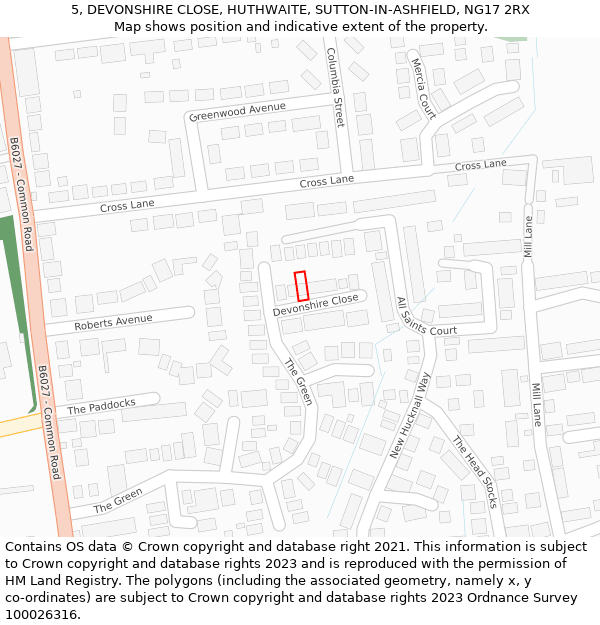 5, DEVONSHIRE CLOSE, HUTHWAITE, SUTTON-IN-ASHFIELD, NG17 2RX: Location map and indicative extent of plot