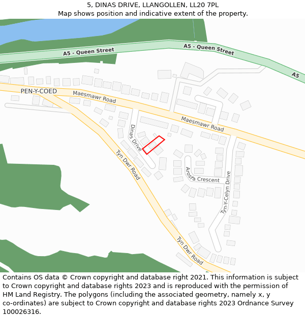 5, DINAS DRIVE, LLANGOLLEN, LL20 7PL: Location map and indicative extent of plot