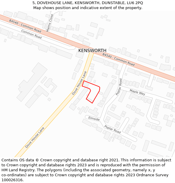 5, DOVEHOUSE LANE, KENSWORTH, DUNSTABLE, LU6 2PQ: Location map and indicative extent of plot