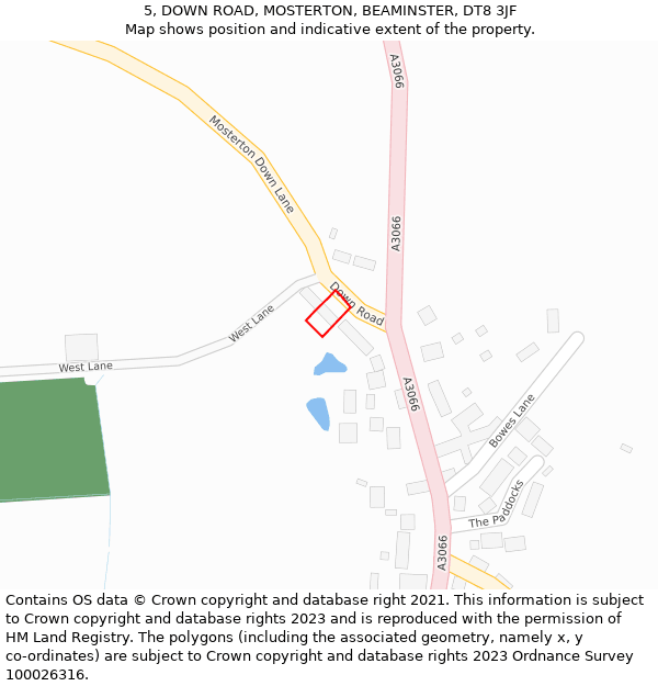 5, DOWN ROAD, MOSTERTON, BEAMINSTER, DT8 3JF: Location map and indicative extent of plot