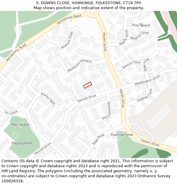 5, DOWNS CLOSE, HAWKINGE, FOLKESTONE, CT18 7PA: Location map and indicative extent of plot