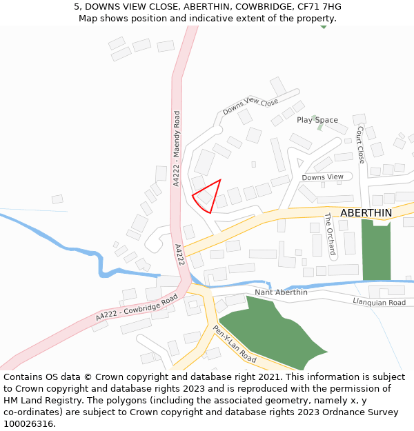 5, DOWNS VIEW CLOSE, ABERTHIN, COWBRIDGE, CF71 7HG: Location map and indicative extent of plot