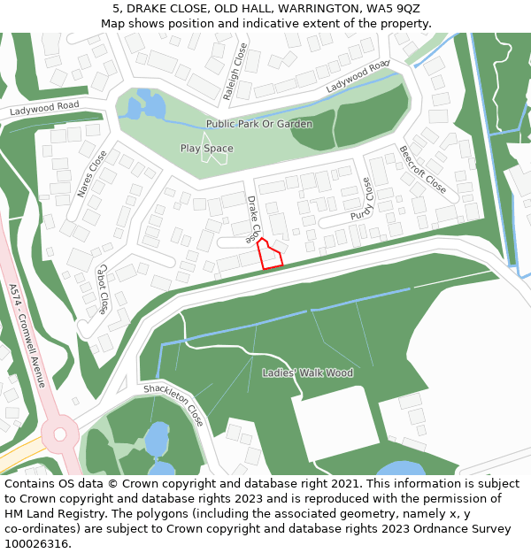 5, DRAKE CLOSE, OLD HALL, WARRINGTON, WA5 9QZ: Location map and indicative extent of plot