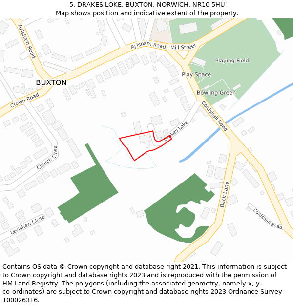 5, DRAKES LOKE, BUXTON, NORWICH, NR10 5HU: Location map and indicative extent of plot