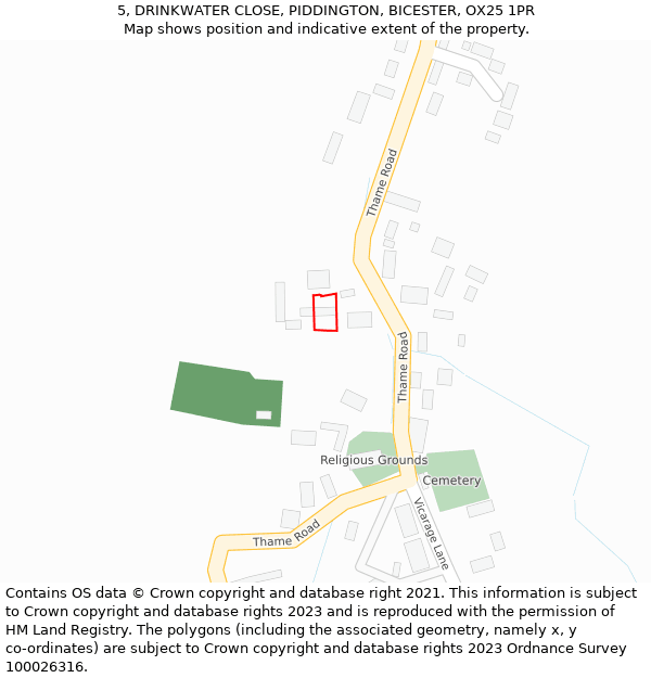 5, DRINKWATER CLOSE, PIDDINGTON, BICESTER, OX25 1PR: Location map and indicative extent of plot