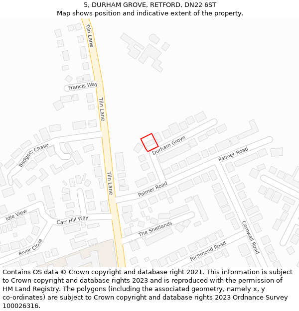 5, DURHAM GROVE, RETFORD, DN22 6ST: Location map and indicative extent of plot