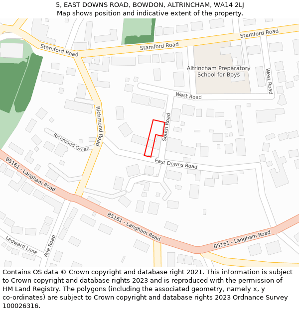 5, EAST DOWNS ROAD, BOWDON, ALTRINCHAM, WA14 2LJ: Location map and indicative extent of plot