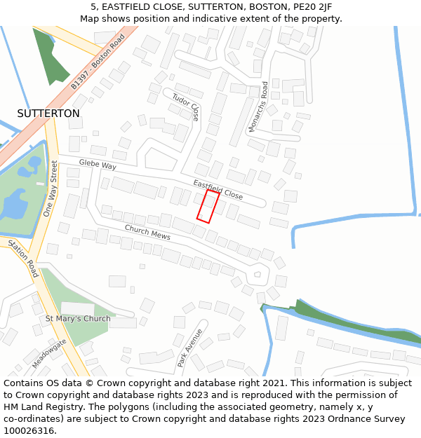 5, EASTFIELD CLOSE, SUTTERTON, BOSTON, PE20 2JF: Location map and indicative extent of plot