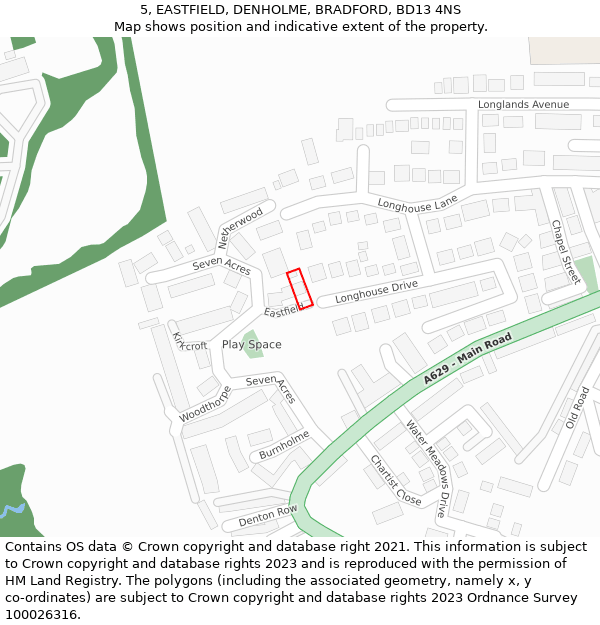 5, EASTFIELD, DENHOLME, BRADFORD, BD13 4NS: Location map and indicative extent of plot