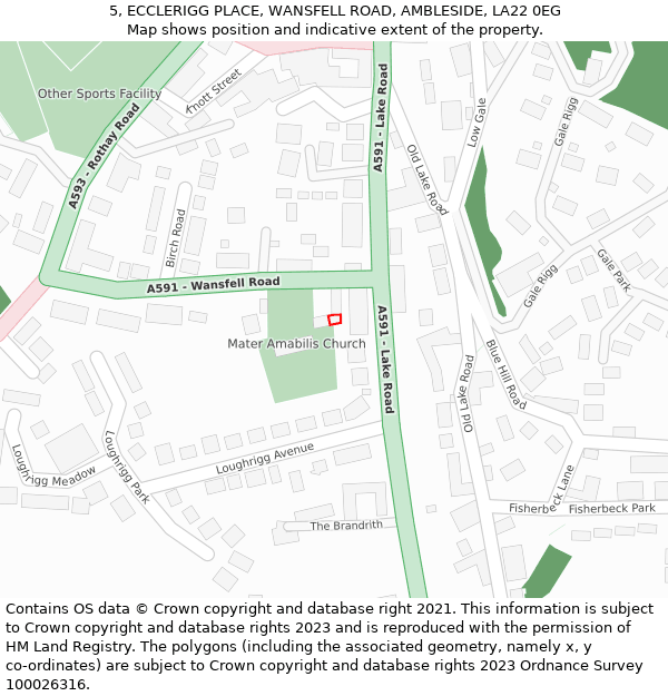 5, ECCLERIGG PLACE, WANSFELL ROAD, AMBLESIDE, LA22 0EG: Location map and indicative extent of plot