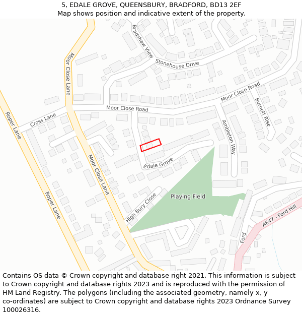 5, EDALE GROVE, QUEENSBURY, BRADFORD, BD13 2EF: Location map and indicative extent of plot